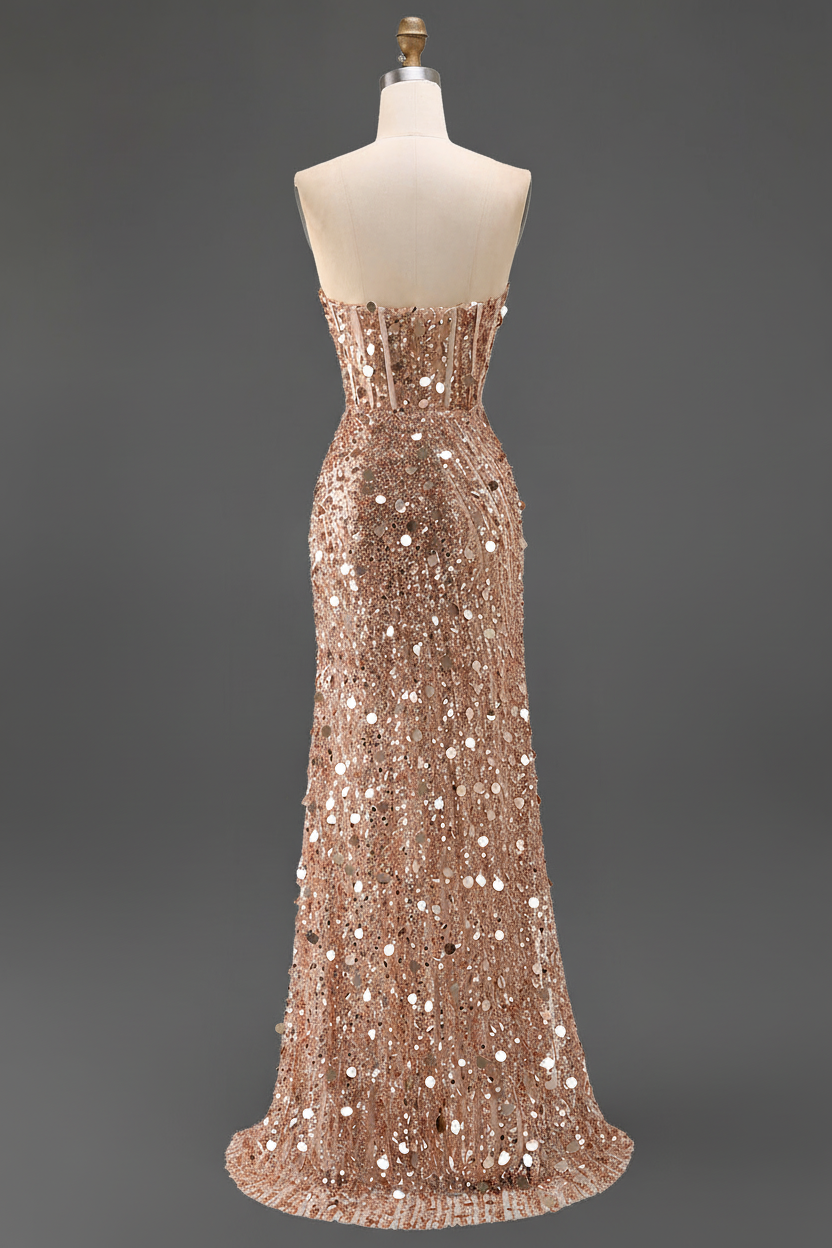 Sparkly Gold Mermaid Sequins Sweetheart Long Corset Prom Dress with Slit (ZD17394)
