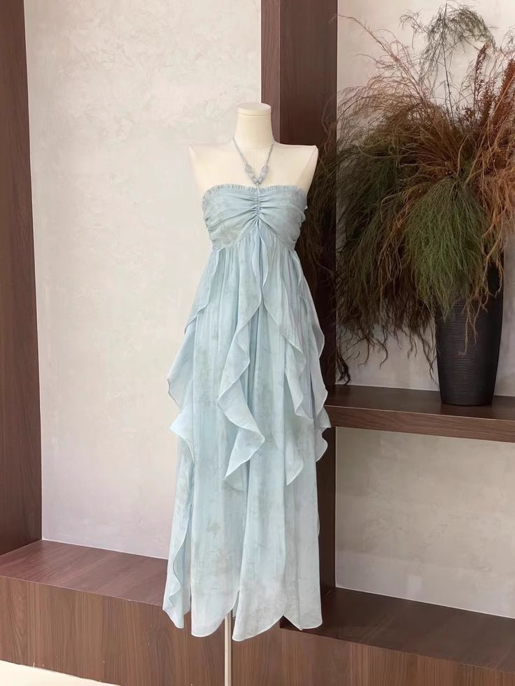 Cute Halter Ruffled Floral Prom Dress Blue Chiffon Long Vacation Dress - FashionDia