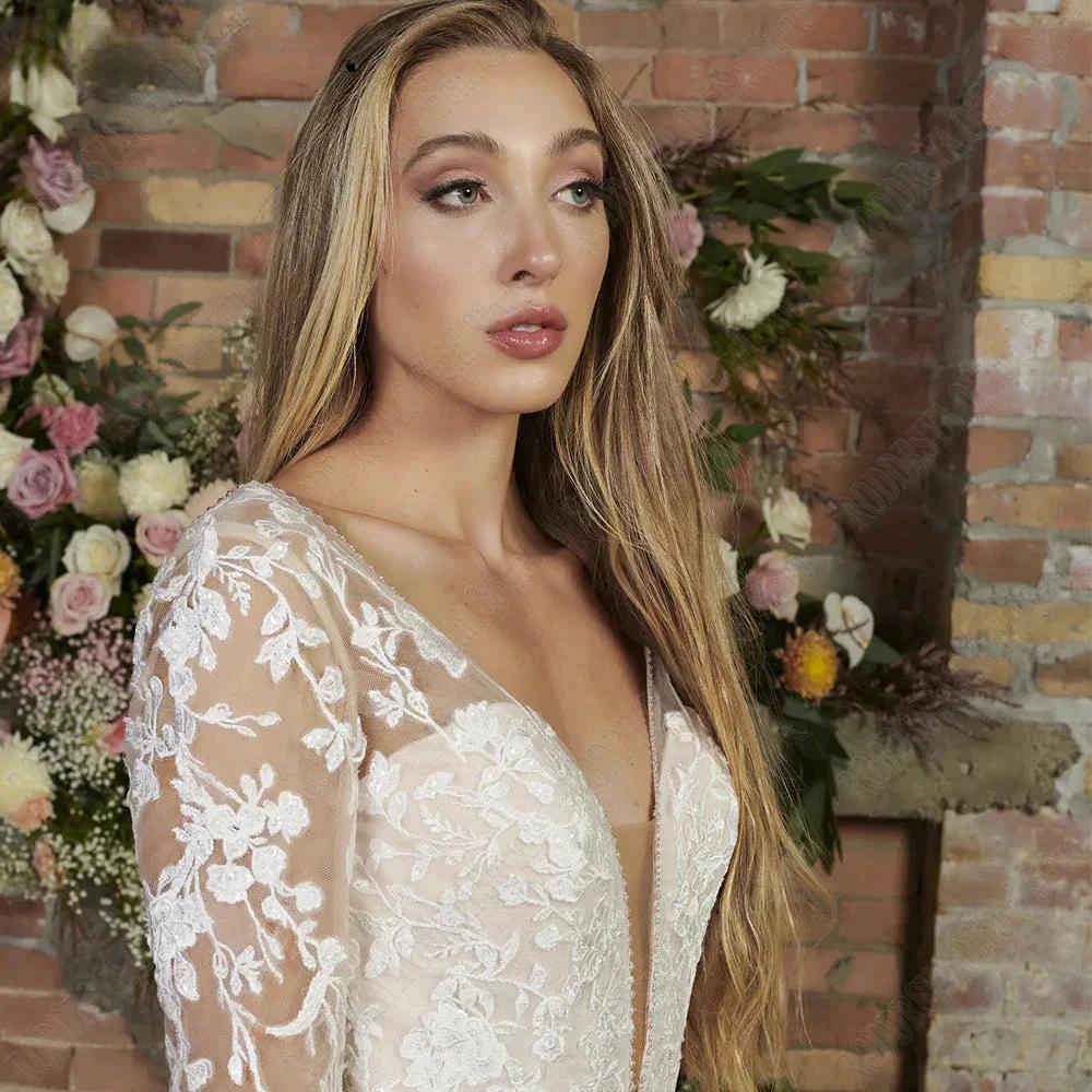 Light Champagne Modern Wedding Dresses Backless Applique Bride Gowns A-Line Tulle V-Neck Long Sleeves vestido de noiva (ZD13386) - View 3 | VelvetHem