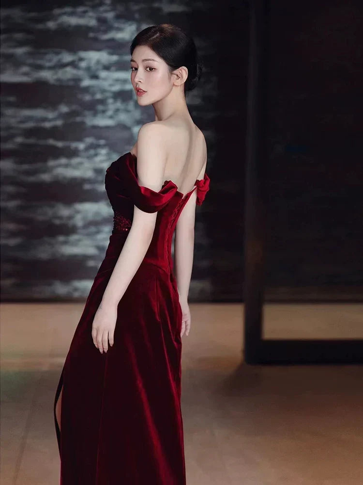 Burgundy Velvet Mermaid Long Prom Dress Off-the-Shoulder Evening Dresses With Slit - View 4 | FashionDia