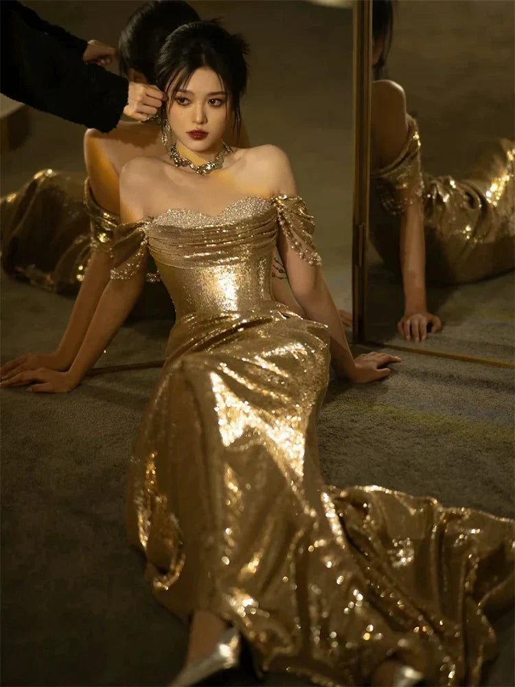 Mermaid Gold Long Prom Dress Sexy Off Shoulder Evening Dresses
