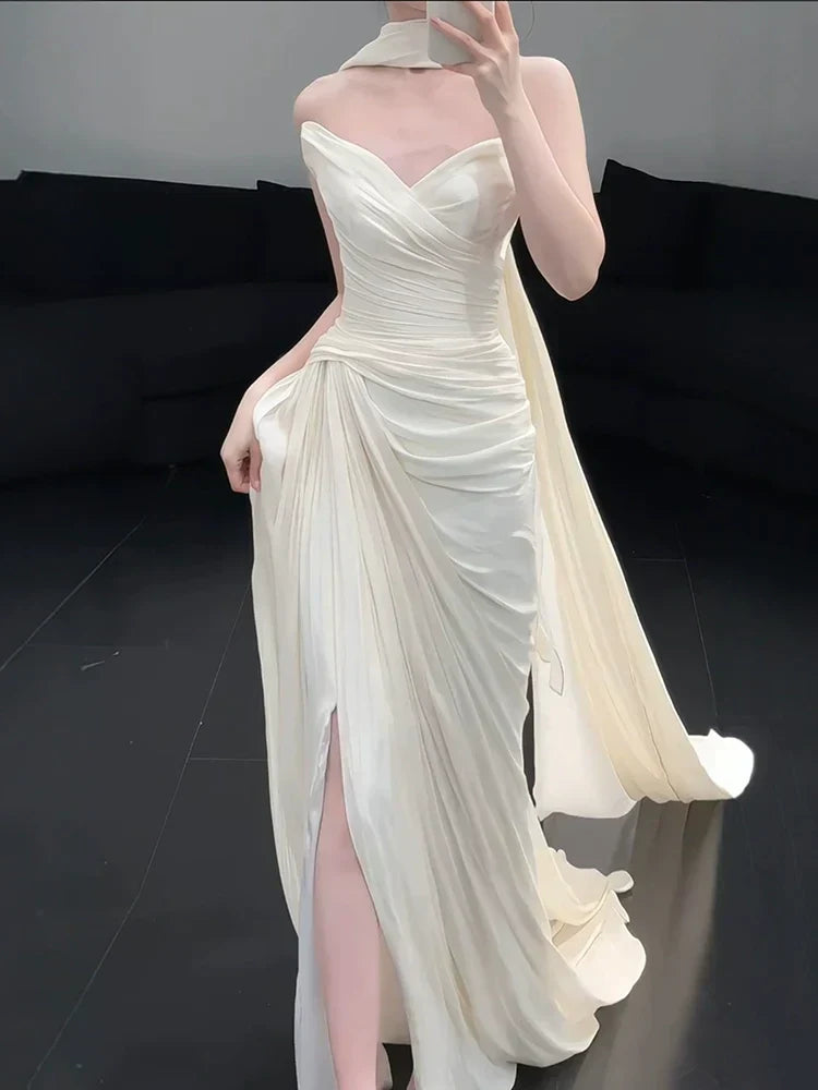 Strapless Pleat Long Wedding Dress Evening Party Dresses - View 4 | FashionDia