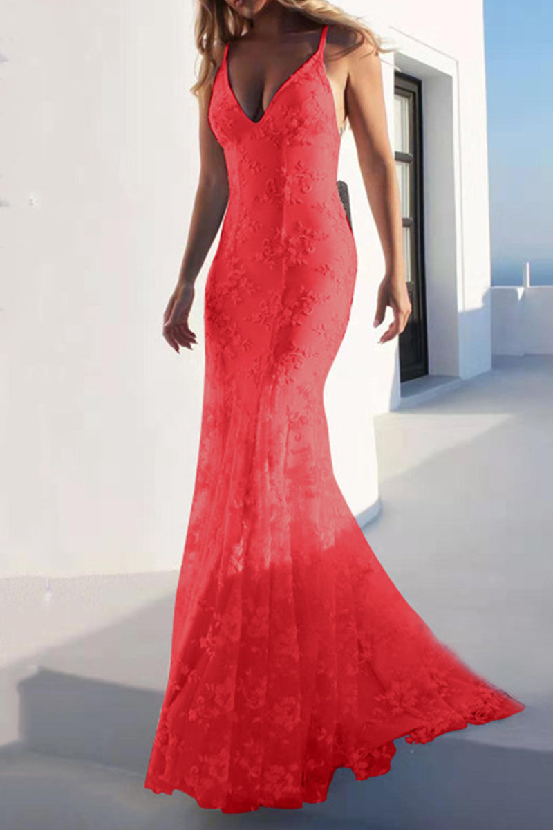 Sexy Solid Color Lace Backless Patchwork V Neck Evening Dresses(3 Colors) - View 3 | VelvetHem