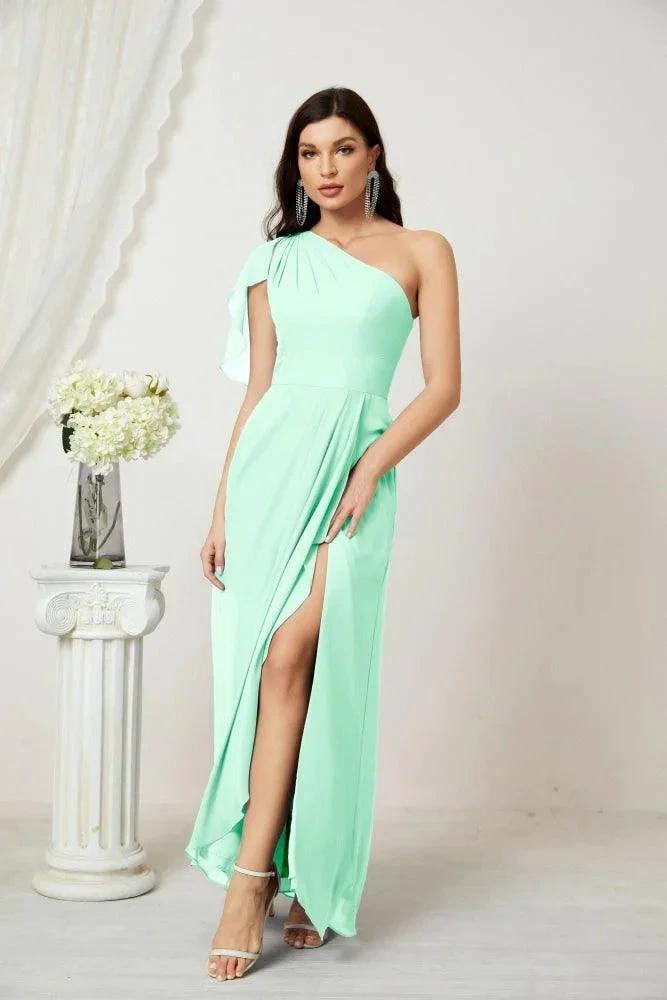 Numbersea Chiffon Ruffled One Shoulder Long Bridesmaid Dresses A-line Formal Evening Gown Side Split 2809 by numbersea