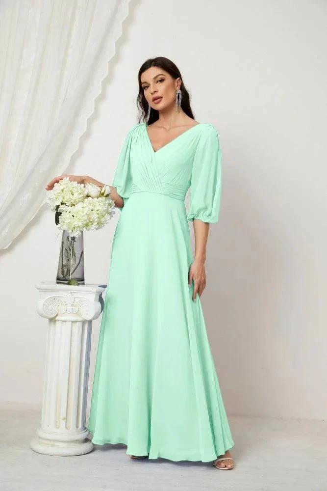 Numbersea Formal Prom Gown Women V-Neck Chiffon Bridesmaid Dresses Long Bishop Sleeve Party Dress 2807 by numbersea