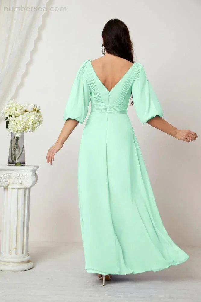 ZapDress Formal Prom Gown Women V-Neck Chiffon Bridesmaid Dresses Long Bishop Sleeve Party Dress 2807 (ZD17027)