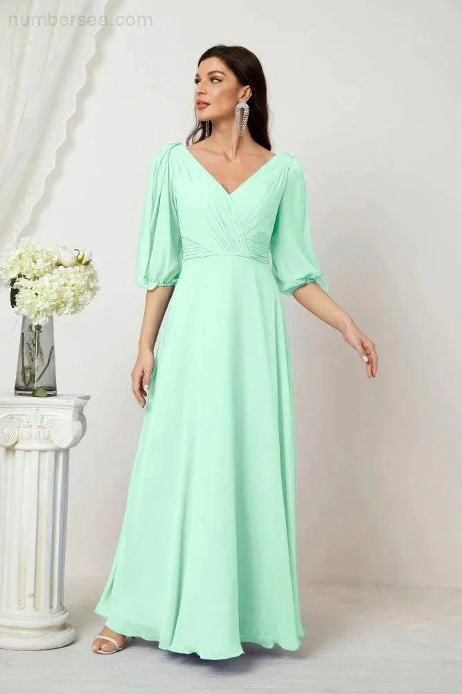 ZapDress Formal Prom Gown Women V-Neck Chiffon Bridesmaid Dresses Long Bishop Sleeve Party Dress 2807 (ZD17027)