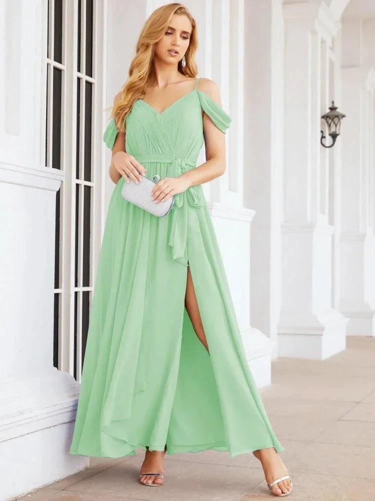 Numbersea Off The Shoulder Chiffon Bridesmaid Dress Long Formal Graduation Gown with Cowl Back 28069 by numbersea