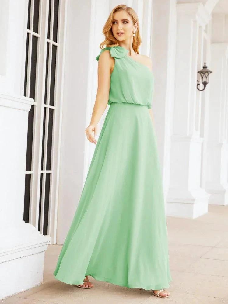 Numbersea Chiffon Ruffled One Shoulder Sleeveless Long Bride Dresses A-line Formal Evening Gown Side Split 28057 by numbersea