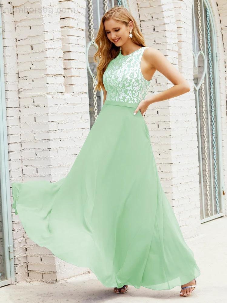 Lace Bridesmaid Dress Floor Length Evening Gowns with Pockets 28017 (ZD16964)