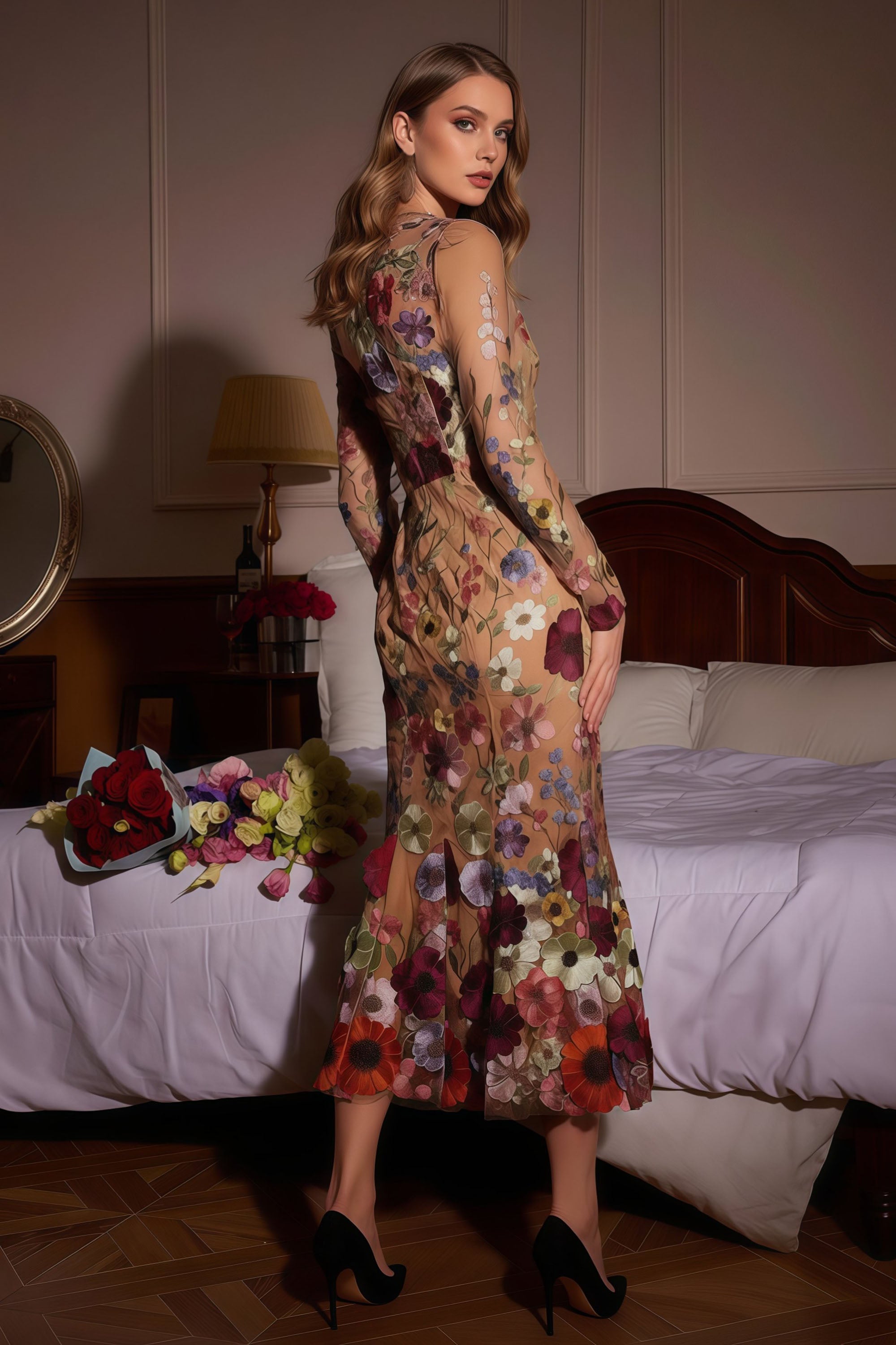 Long Sleeve Floral Embroidered Sheer Midi Gown
