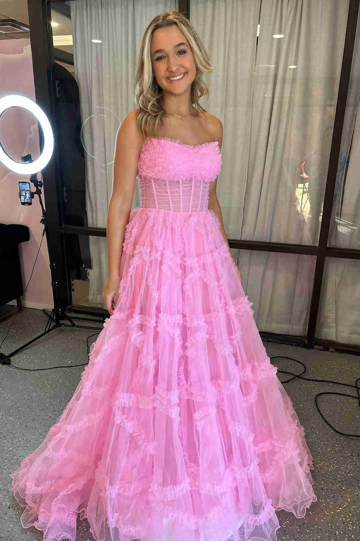 Stunning A Line Strapless Fuchsia Corset Prom Dress with Sweep Train