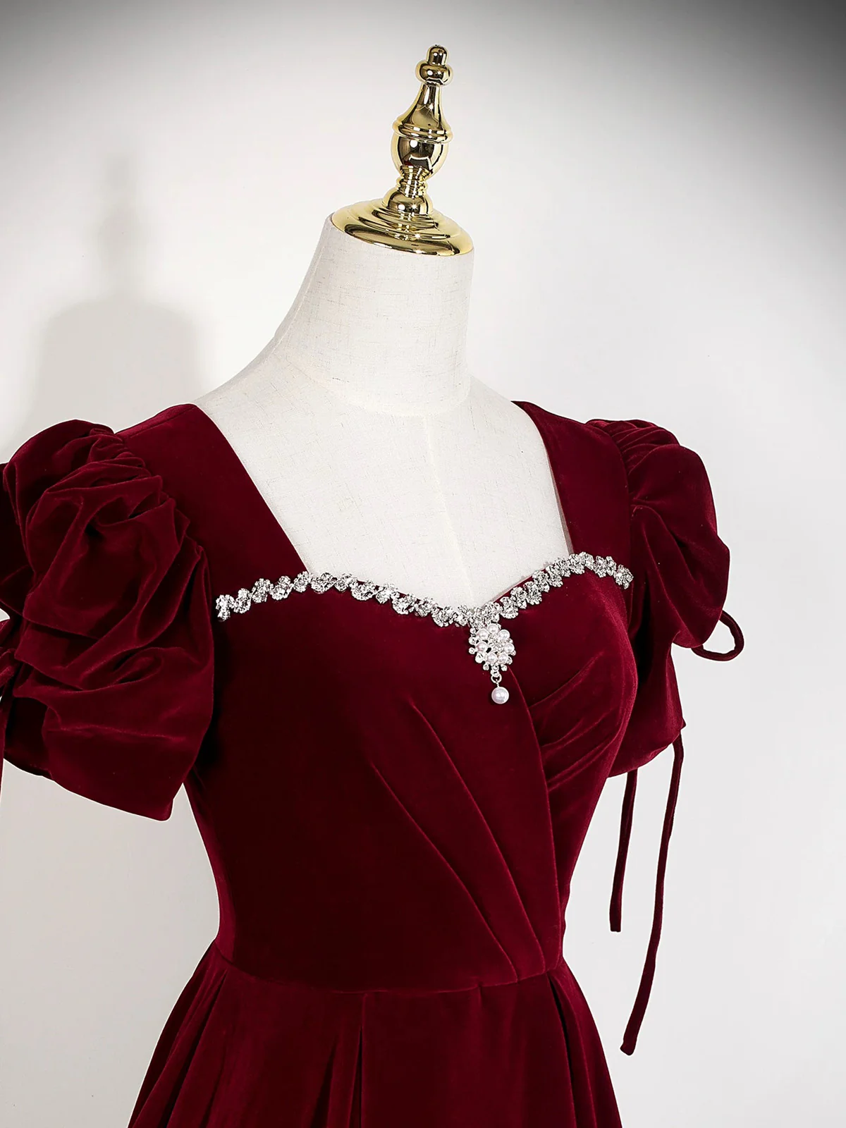 Wine Red Velvet A-line Prom Dress, Wine Red Beaded Long Party Dress Formal Dress