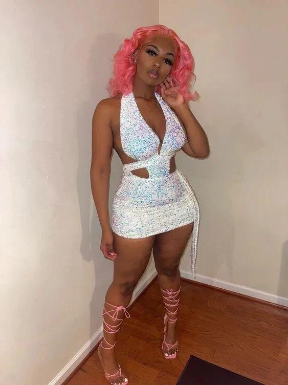 White Sequins Waist Cut Club Dress Sexy Halter Neckline Homecoming Dress 18th Birthday Outfit For Black Girls (ZD12552)
