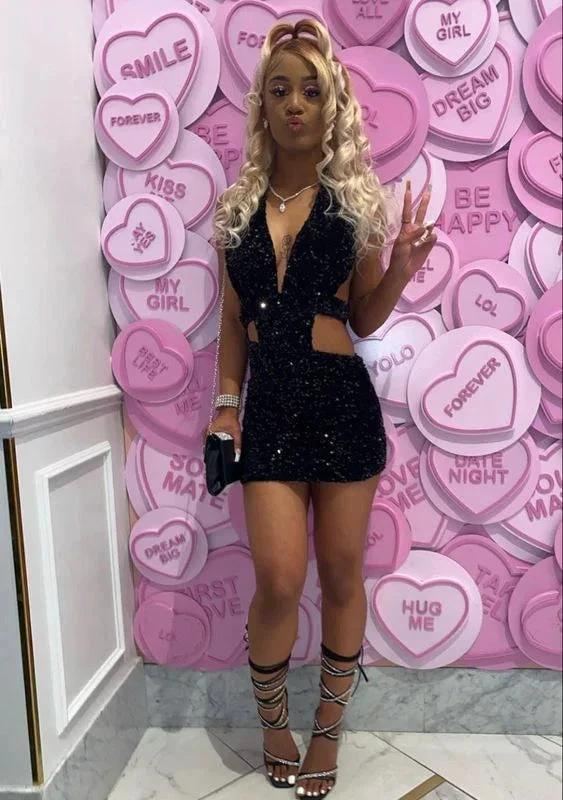 Black Sequins Waist Cut Club Dress Cute Black Homecoming Dress (ZD12551)