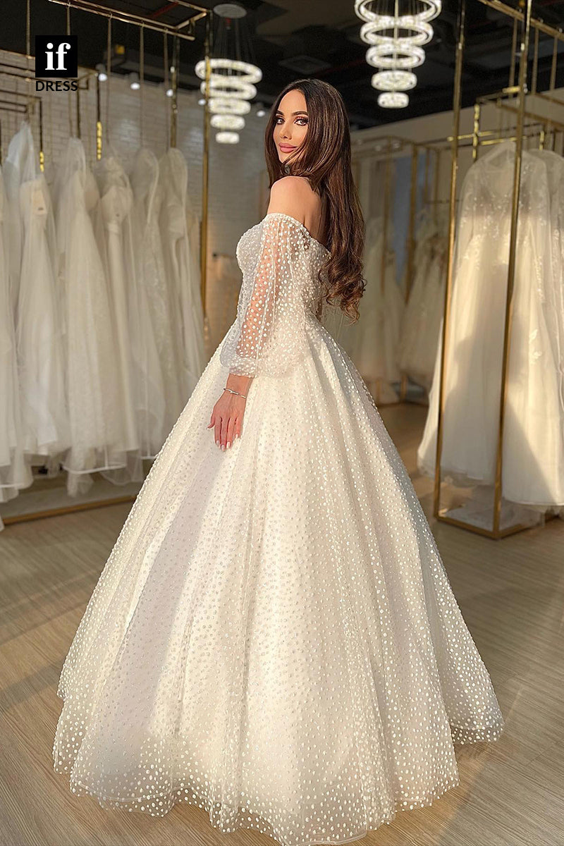31570 - Romantic A-Line Off-Shoulder Long Sleeves Tulle Wedding Dress