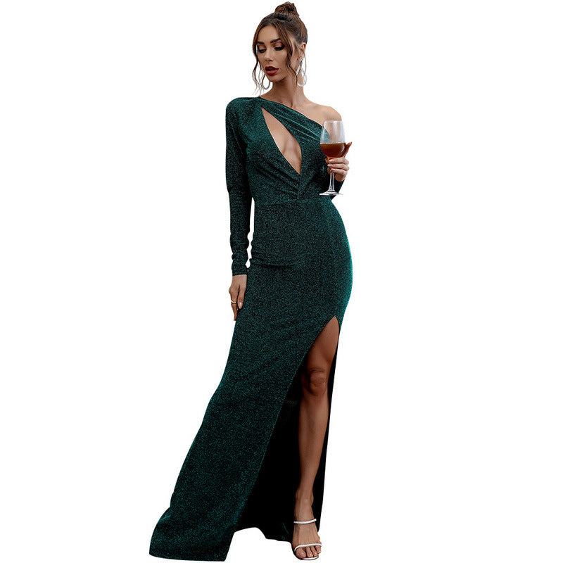 Solid Color Evening Maxi Banquet Elegant One Shoulder Irregular Asymmetric Long Slim Dress Maxi Prom Dress