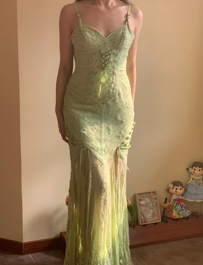 Beautiful Green Mermaid Beaded Embroidered Strappy Slit Chiffon Long Prom & Evening Dress - FashionDia