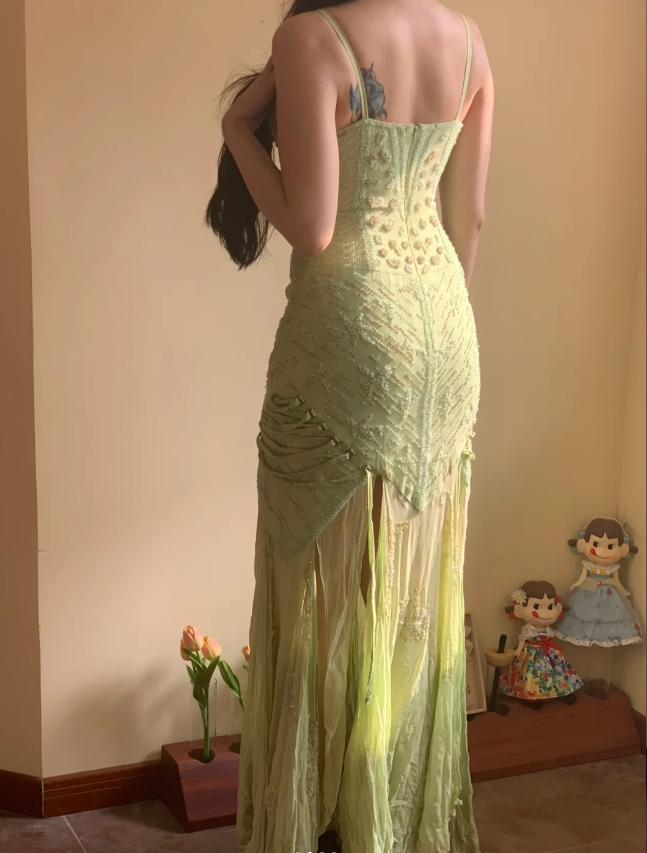 Beautiful Green Mermaid Beaded Embroidered Strappy Slit Chiffon Long Prom & Evening Dress - View 2 | FashionDia