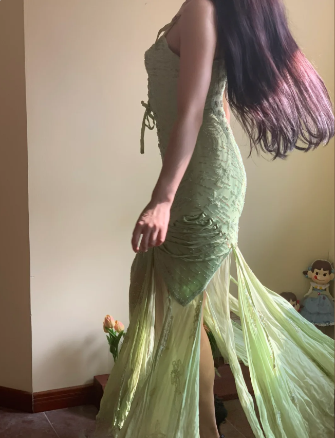 Beautiful Green Mermaid Beaded Embroidered Strappy Slit Chiffon Long Prom & Evening Dress - View 3 | FashionDia