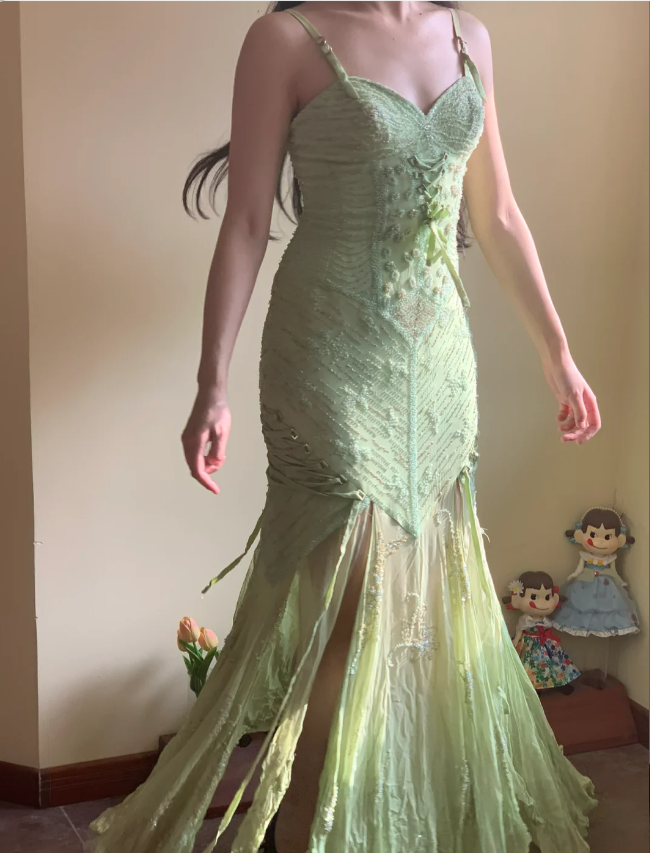 Beautiful Green Mermaid Beaded Embroidered Strappy Slit Chiffon Long Prom & Evening Dress - View 4 | FashionDia