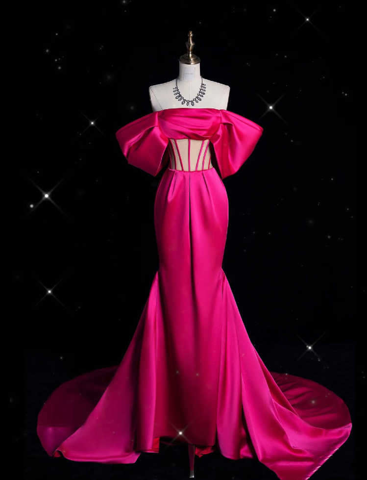 Sexy Mermaid Off The Shoulder Neckline Satin Pink Long Prom Dresses Party Dress