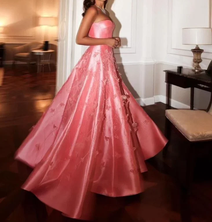 Gorgeous Pink Sweetheart Neck Satin Sequin Appliques Long Prom Dress Birthday Party Dress