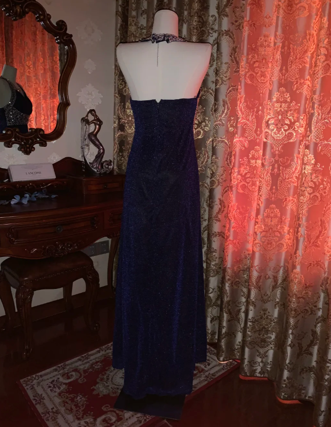 Pretty Halter Navy Blue Sequin Beaded Mermaid Long Evening Dress Birthday Party Dress - View 5 | FashionDia