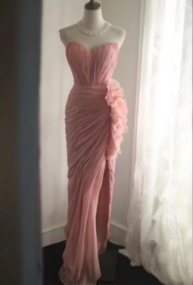 Pretty Pink Strapless Chiffon Pleated Slit Long Party Dress Evening Dress - FashionDia