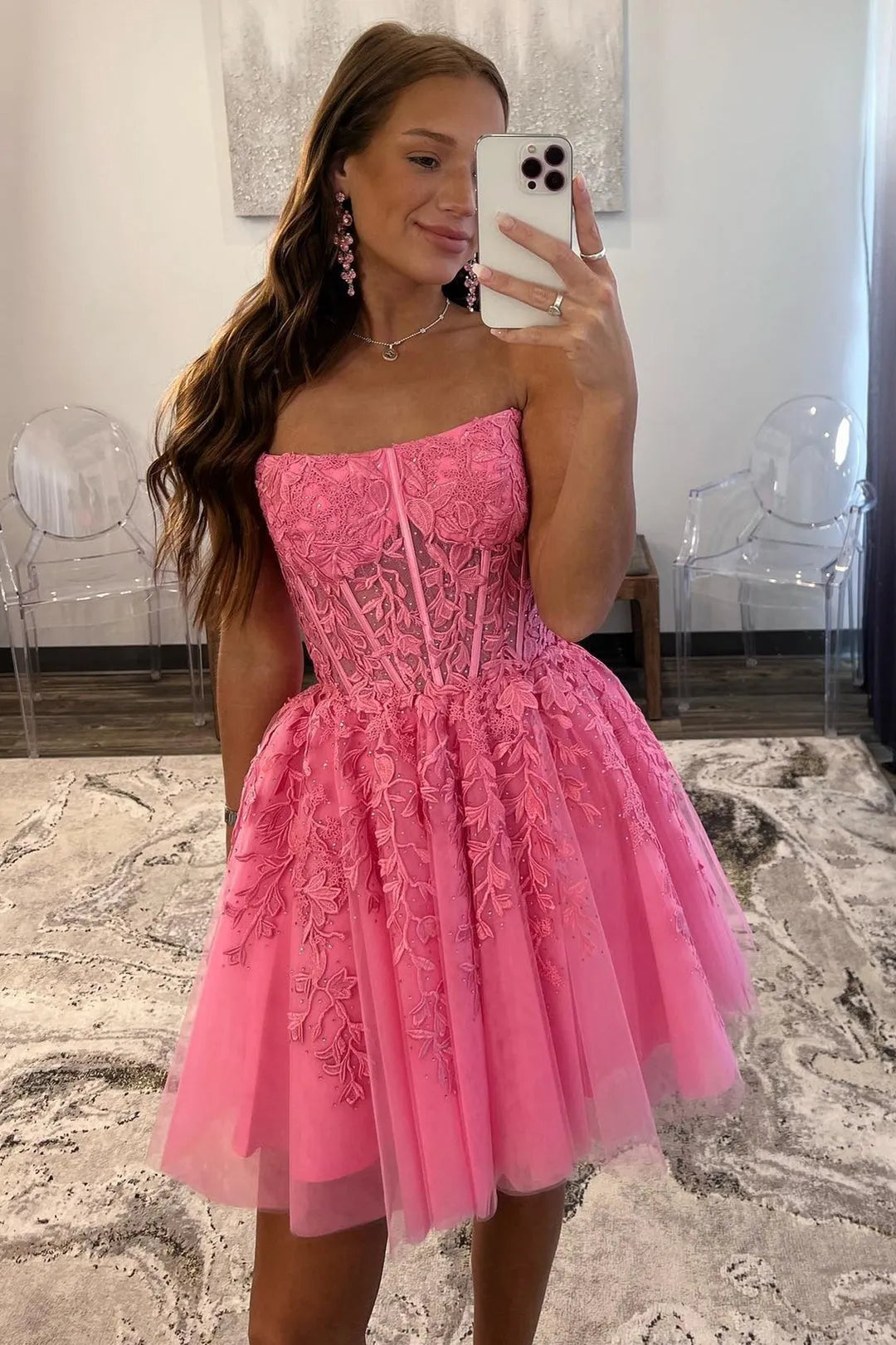 Hearty Hot Pink Prom Dresses Lace Tulle Strapless Pleat Ruched Above Knee Homecoming Dress vestidos de graduación
