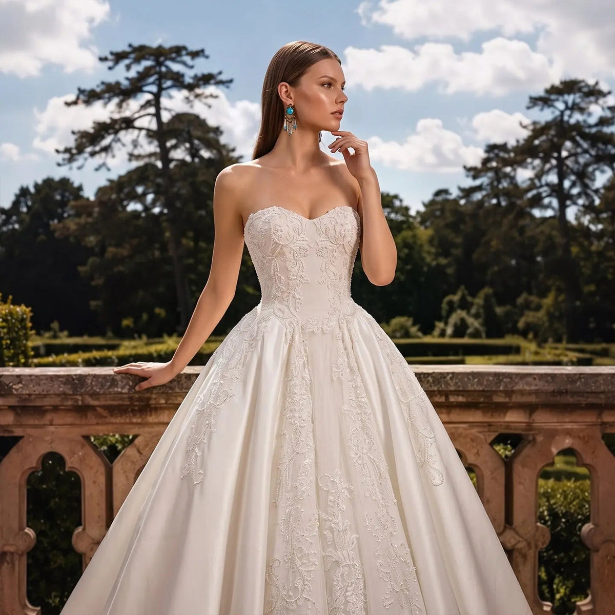 White Satin Strapless Wedding Dress Lace Appliques Sweetheart Neckline Ball Gown ZP010 - View 2 | VelvetHem
