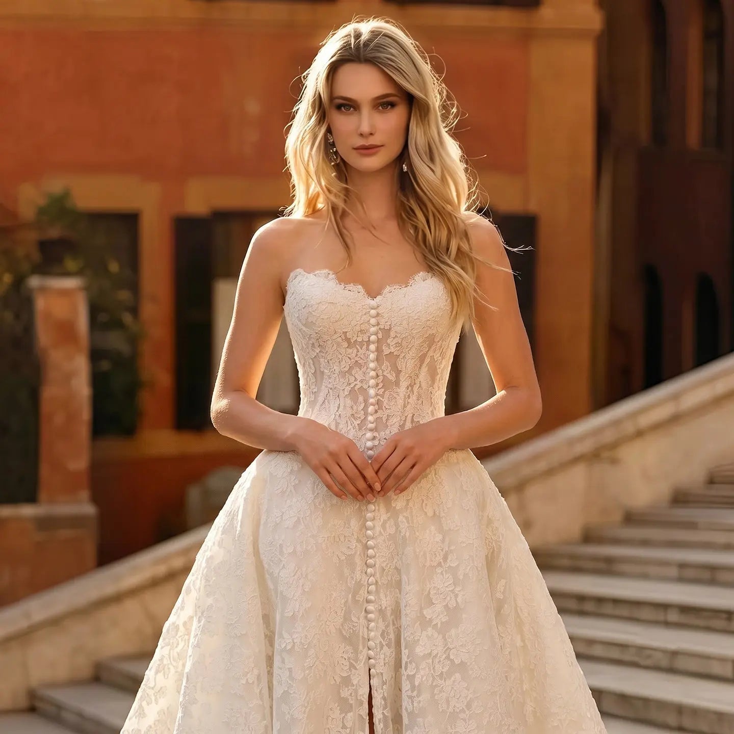 White Floral Lace Strapless Bridal Gown Sweetheart Neckline Front Button Ball Gown ZP011