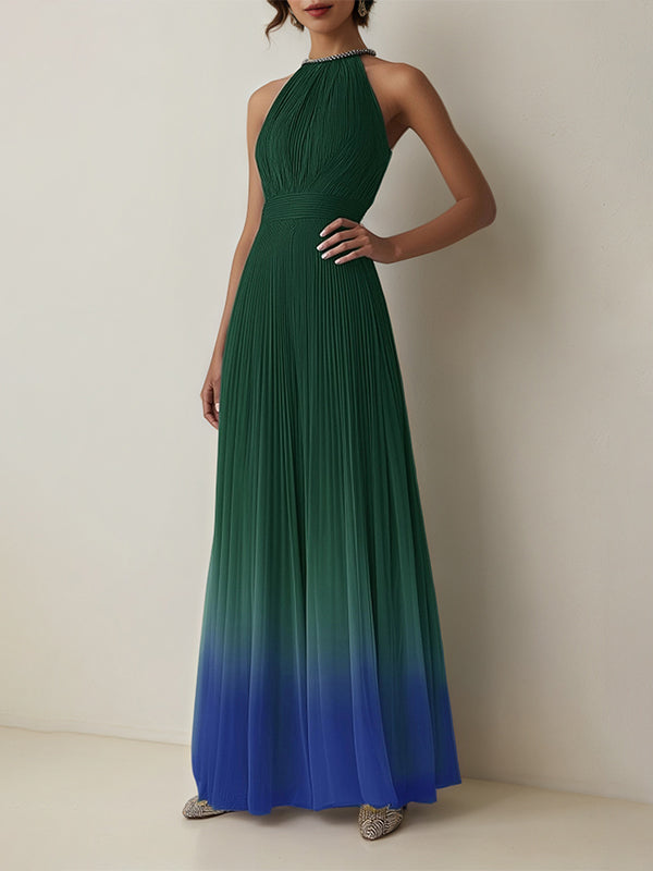 Evening Halter Dress Green-Blue Ombre Pleated Chiffon Floor-Length Dress