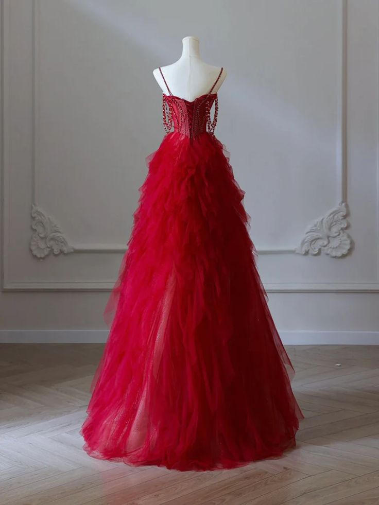 Charming Burgundy Sweetheart Neck Tulle Beads Long Prom Dress A-Line Party Evening Gown - View 4 | FashionDia