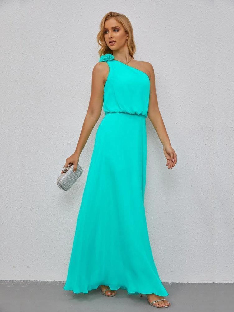 Ruffled One Shoulder Sleeveless Long Bridesmaid Dresses A-line Formal Evening Gown Side Split 28080 by numbersea