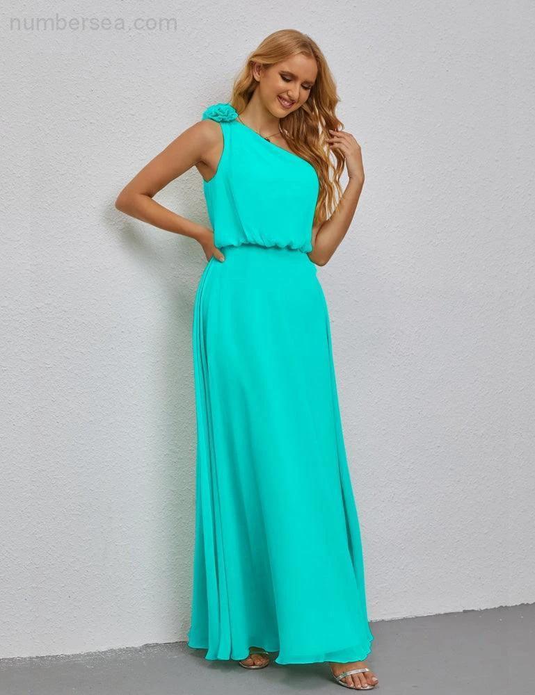 Ruffled One Shoulder Sleeveless Long Bridesmaid Dresses A-line Formal Evening Gown Side Split 28080 (ZD17018)
