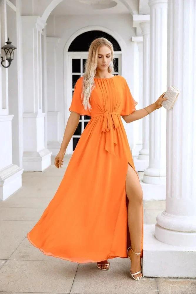 Ladies Chiffon Sleeve Crew Neck Front Slit Floor Length Bridesmaid Evening Dress Wedding Party Evening Dress 28124 by numbersea