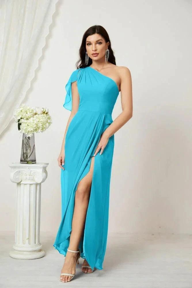Numbersea Chiffon Ruffled One Shoulder Long Bridesmaid Dresses A-line Formal Evening Gown Side Split 2809 by numbersea