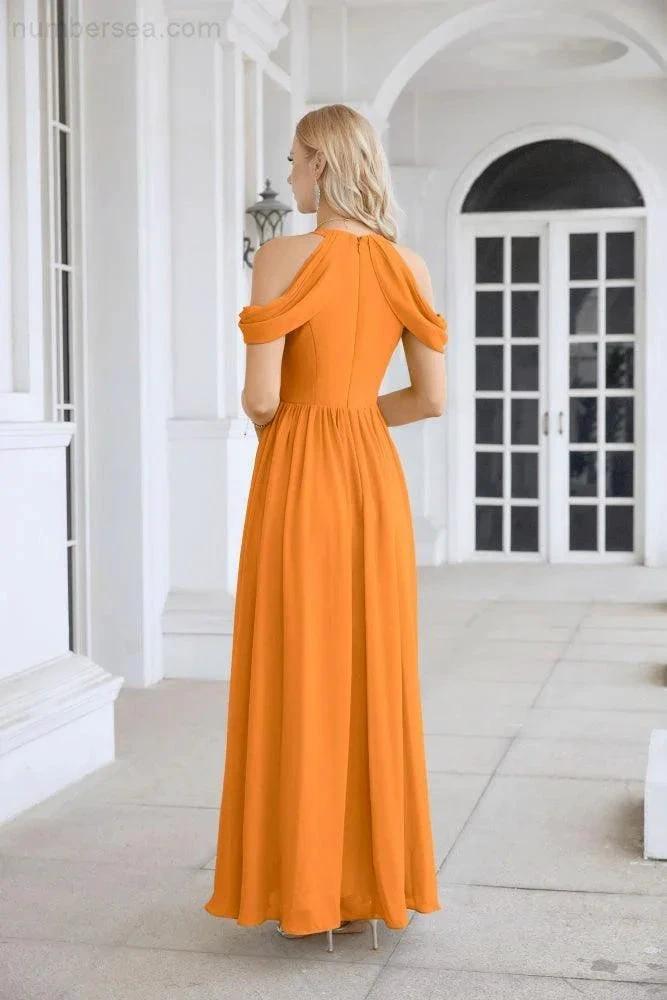 Ladies Chiffon Off Shoulder Swing Sleeve Front Slit Bridesmaid Evening Dress Wedding Party Evening Dress 28117 (ZD17011)