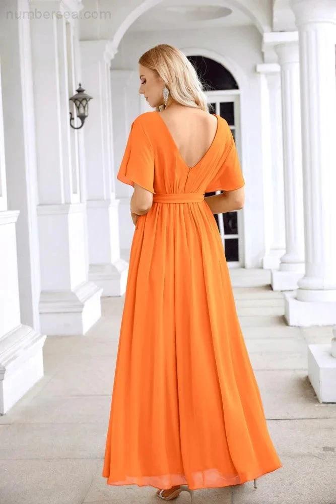 Ladies Chiffon Sleeve Crew Neck Front Slit Floor Length Bridesmaid Evening Dress Wedding Party Evening Dress 28124 (ZD17007)