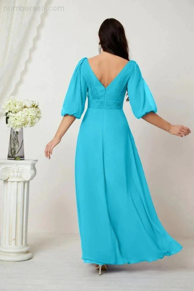 ZapDress Formal Prom Gown Women V-Neck Chiffon Bridesmaid Dresses Long Bishop Sleeve Party Dress 2807 (ZD17027)