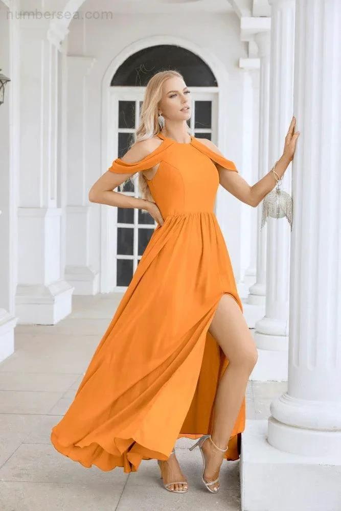 Ladies Chiffon Off Shoulder Swing Sleeve Front Slit Bridesmaid Evening Dress Wedding Party Evening Dress 28117 (ZD17011)