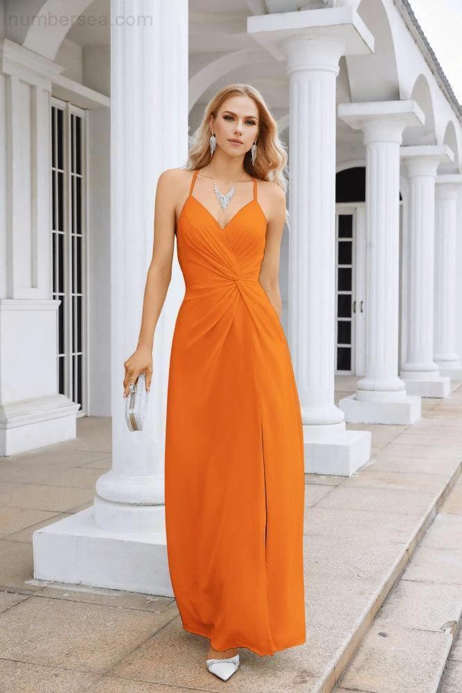 Ladies Chiffon Spaghetti Strap V Neck Front Slit Floor Length Bridesmaid Evening Dress Prom Party Wedding Evening Dress 28116 (ZD17012)