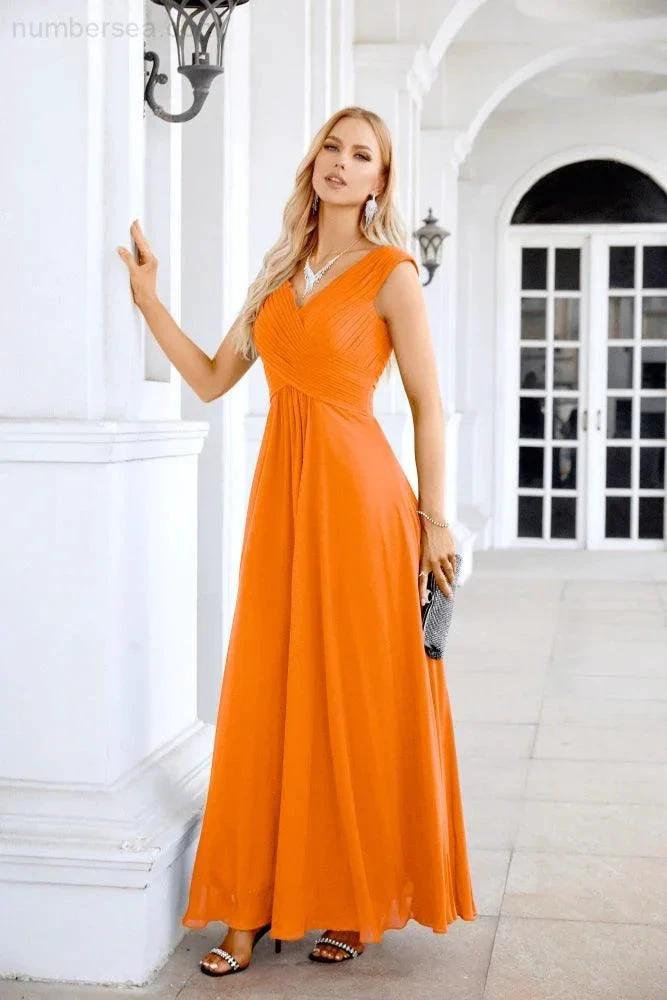 Ladies Chiffon V Neck Sleeveless Floor Length Bridesmaid Evening Dress Wedding Party Evening Dress 28126 (ZD16989)