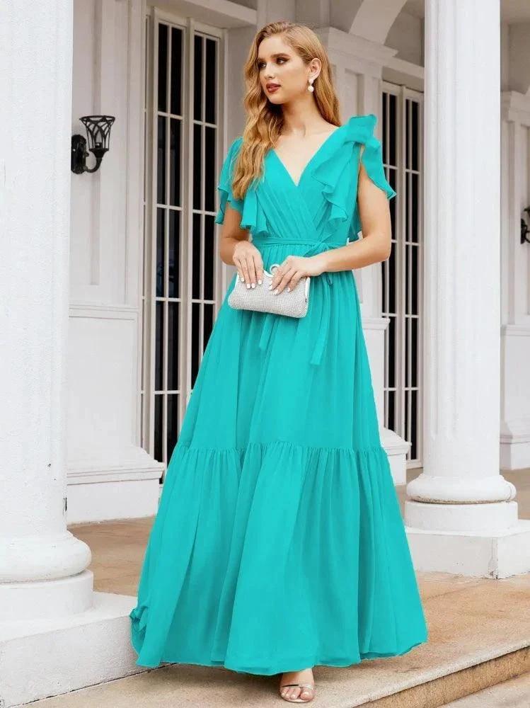 Numbersea Women's Open Back Formal Evening Party Prom Gowns V-Neck Long Chiffon Bridesmaid Dresses with Waist Belt 28038 by numbersea