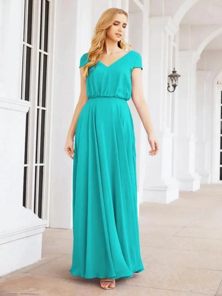 Numbersea V-Neck Bridesmaid Dresses Long Cap Sleeves Prom Evening Formal Gowns 28071 by numbersea