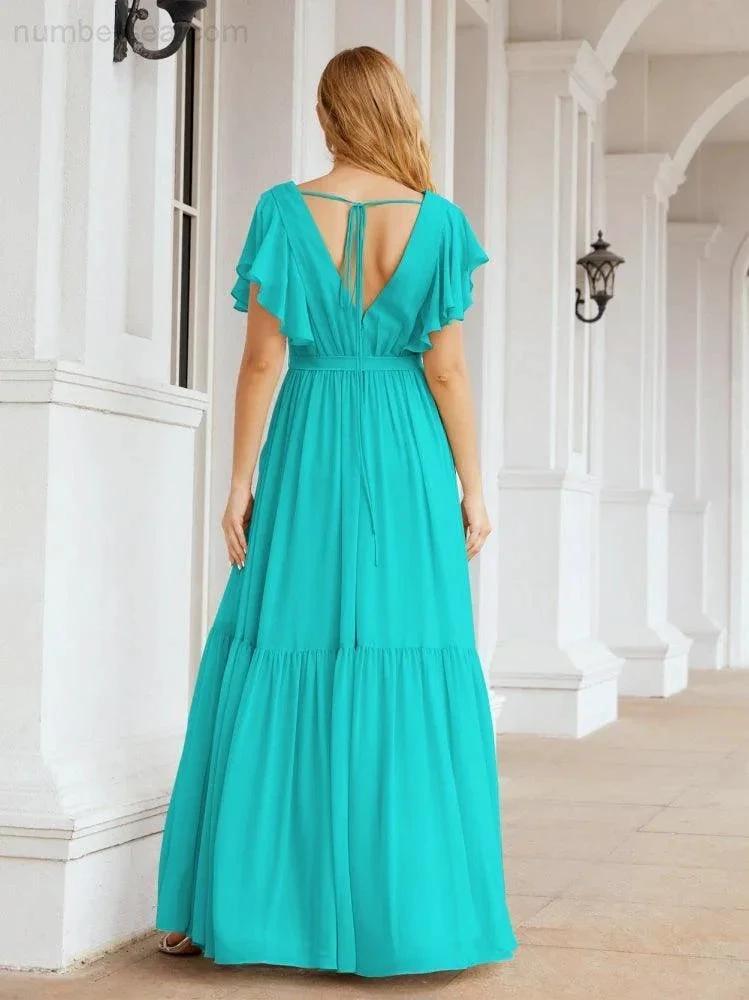 ZapDress Women's Open Back Formal Evening Party Prom Gowns V-Neck Long Chiffon Bridesmaid Dresses with Waist Belt 28038 (ZD17000)