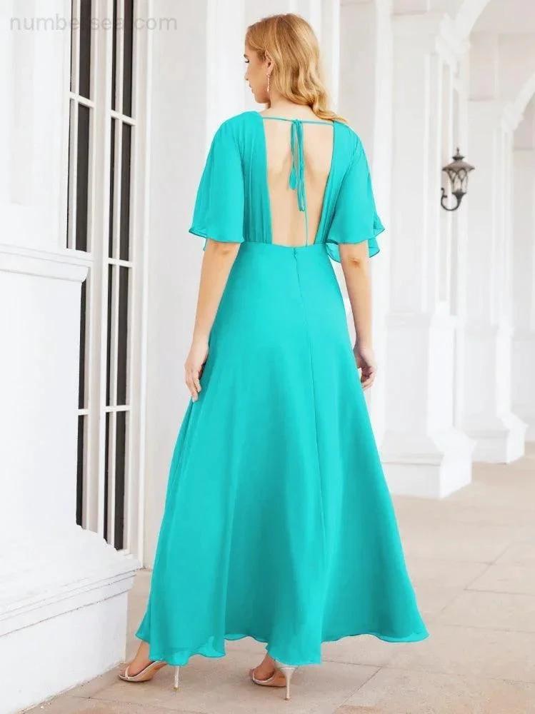 ZapDress V-Neck Bridesmaid Dress Chiffon Long Open Back Formal Dresses for Women Party Evening 28067 (ZD17046)