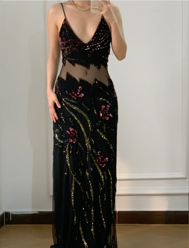 Vintage Black Mermaid Beaded Sequined Floral Cutout Tulle Long Prom & Evening Dress - FashionDia