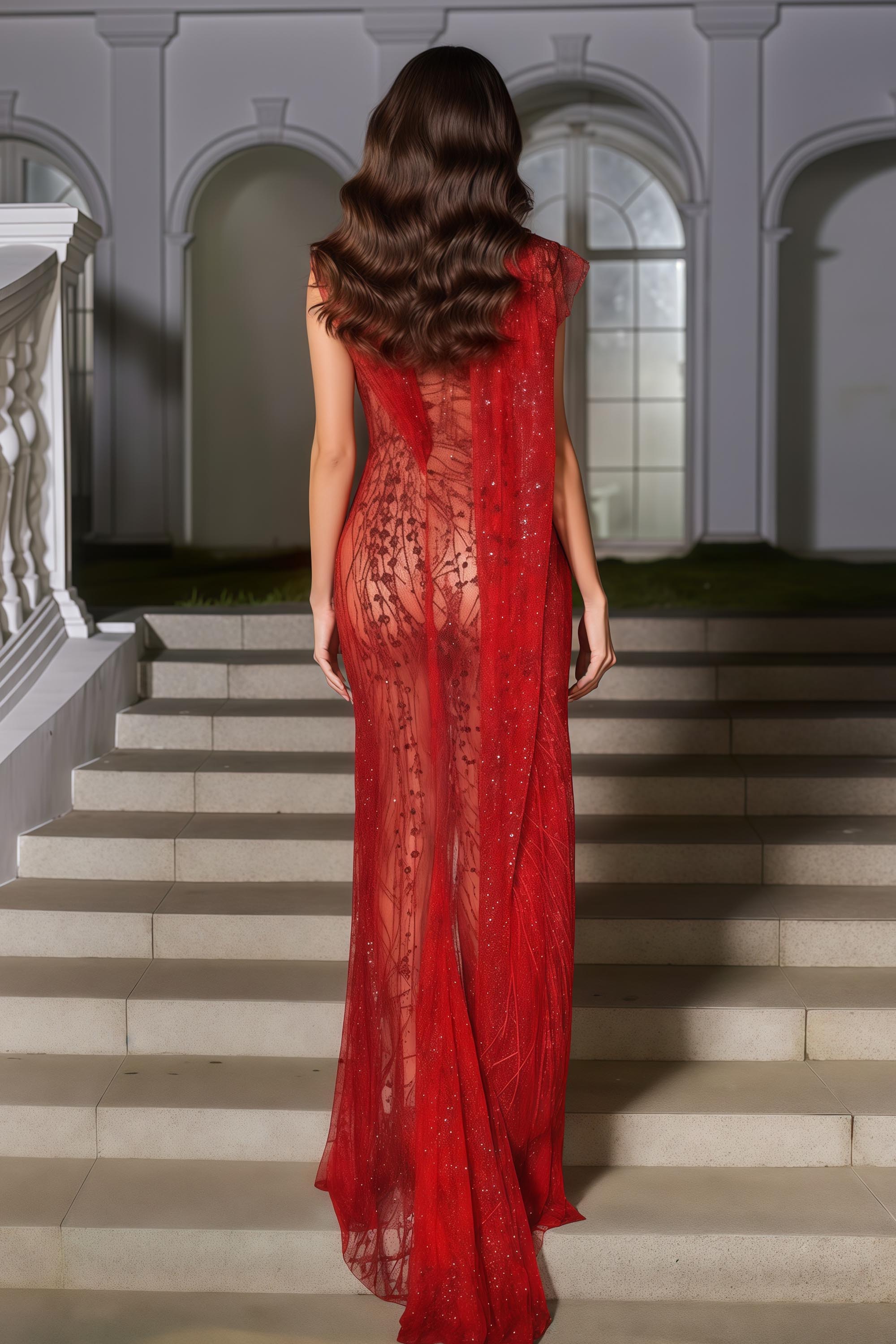 V-Neck Maxi Dress with Bodysuit Liner and Asymmetric Shoulder Cape